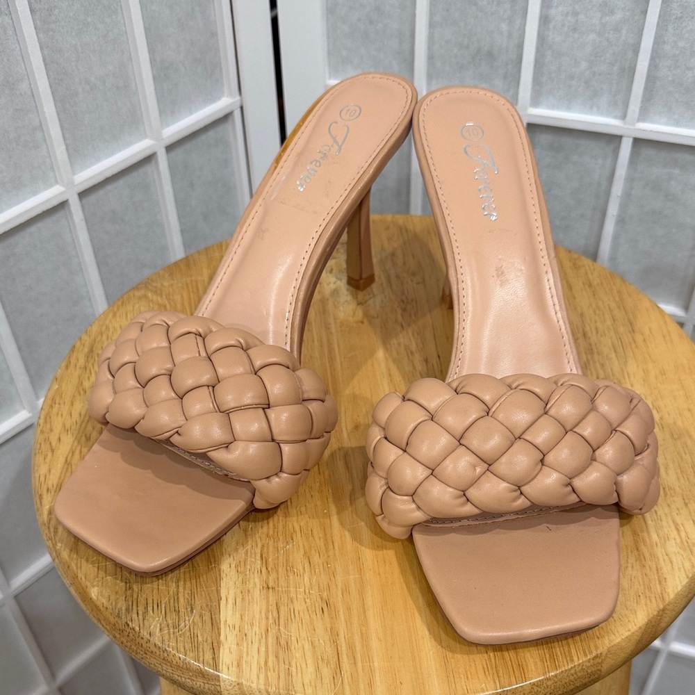 Beige Faux Leather Nude Braided Woven Mule Mules